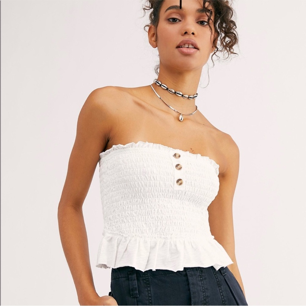 Free People Babe White Smocked & Ruffle Strapless Cropped Tube Top Large - Picture 3 of 10